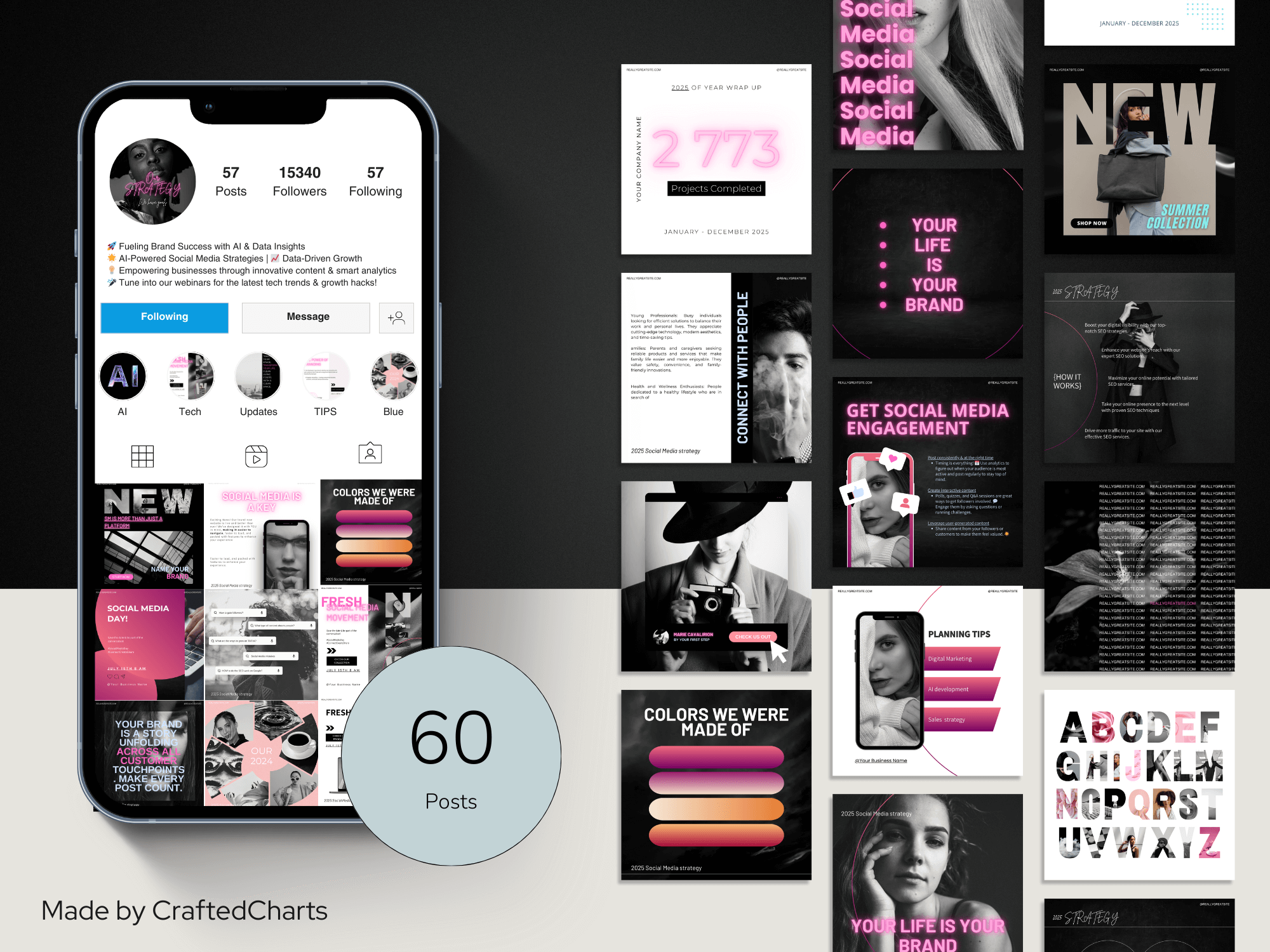 Collection of social media graphics and a smartphone displaying a social media app with '60 Posts' on a black background.