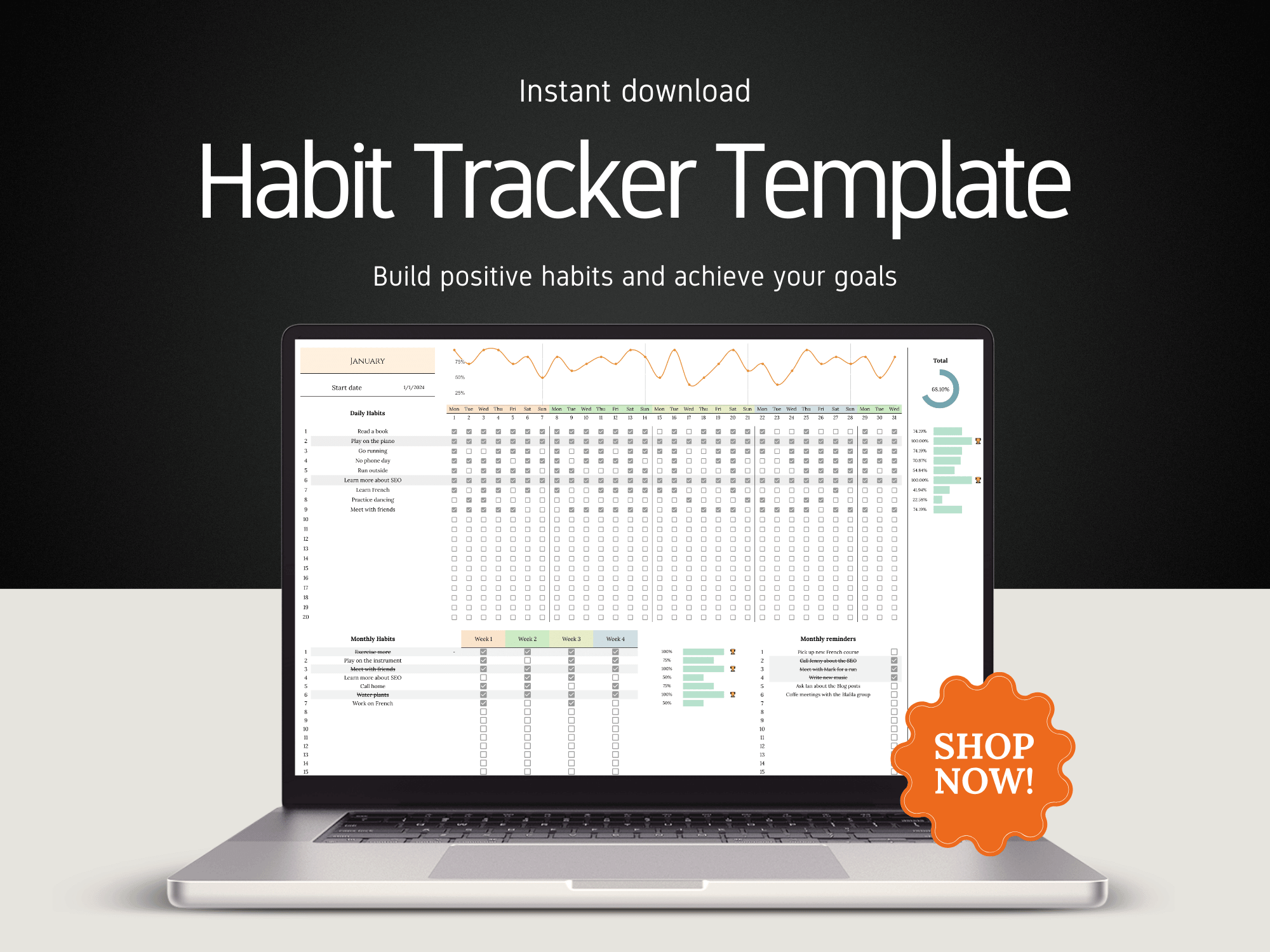 Laptop displaying a habit tracker template with a 'Shop Now!' button on a dark background