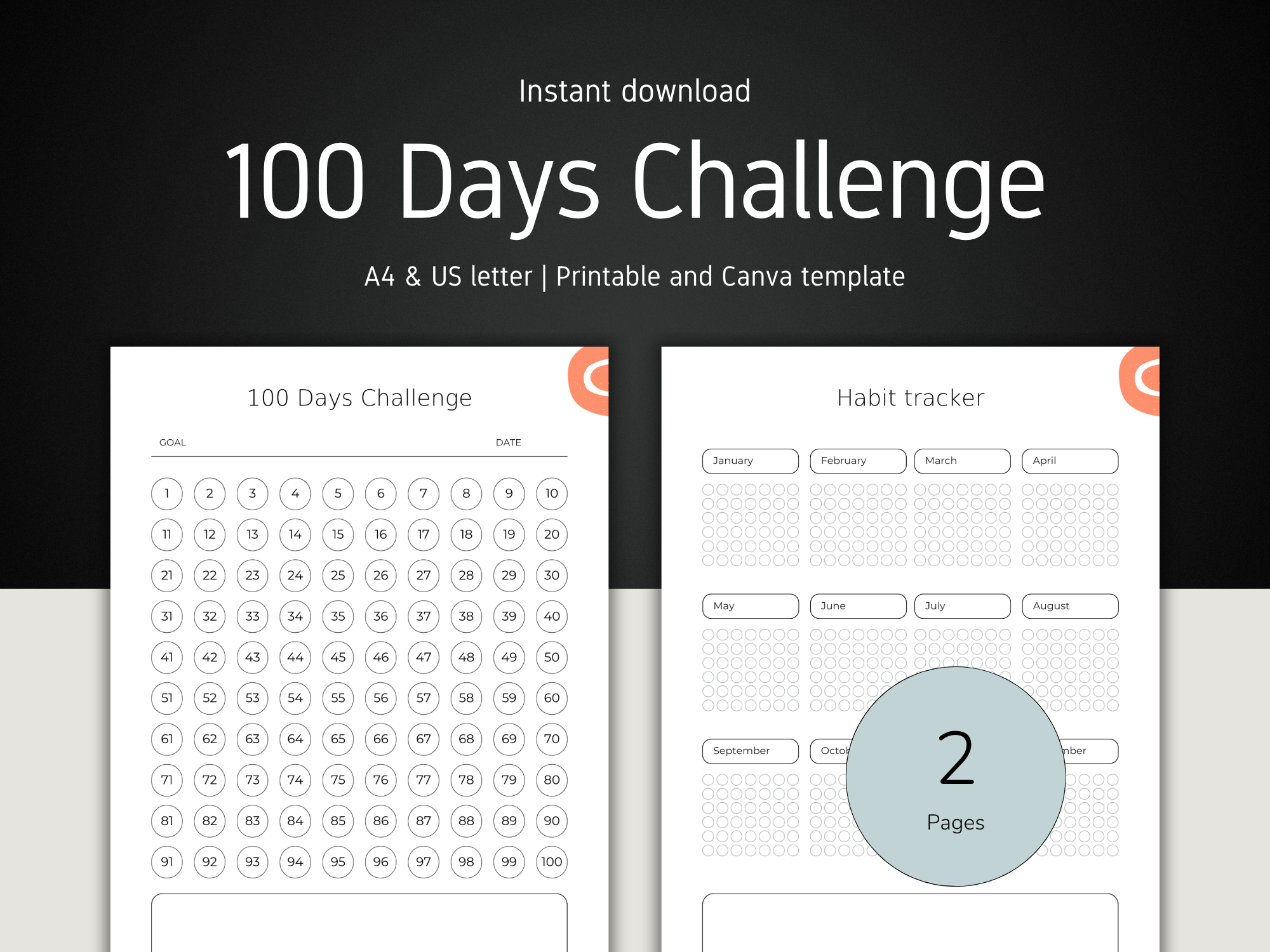 Two printable templates for a 100 Days Challenge and Habit Tracker on a black background.