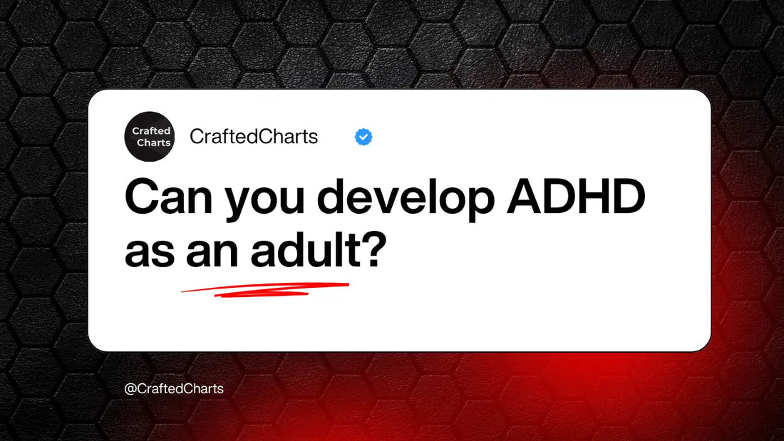 "Can you develop ADHD as an adult" text on a red and black background