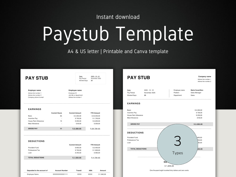 Paystub template with two views on a dark background