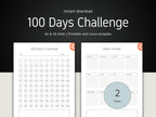 Promo graphic showing two pages of the minimalist habit tracker: a 100-day countdown sheet and a monthly habit log. Text reads "Instant download, A4 & US Letter, Printable and Canva template."