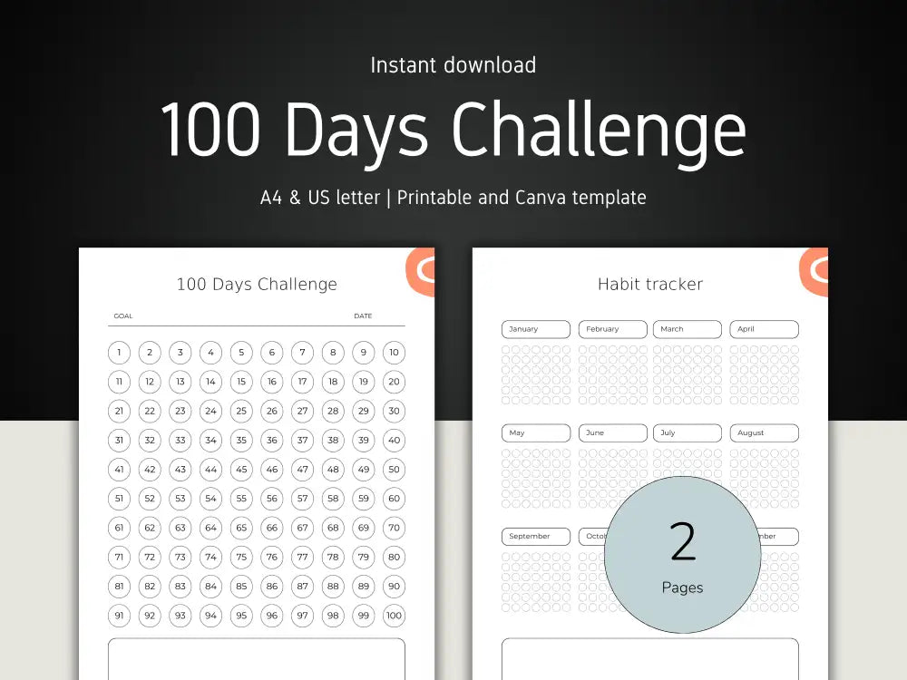 Promo graphic showing two pages of the minimalist habit tracker: a 100-day countdown sheet and a monthly habit log. Text reads "Instant download, A4 & US Letter, Printable and Canva template."