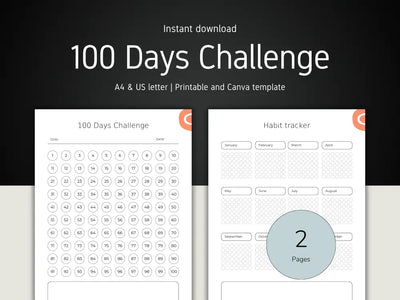 Promo graphic showing two pages of the minimalist habit tracker: a 100-day countdown sheet and a monthly habit log. Text reads 