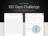 Promo graphic showing two pages of the minimalist habit tracker: a 100-day countdown sheet and a monthly habit log. Text reads "Instant download, A4 & US Letter, Printable and Canva template."