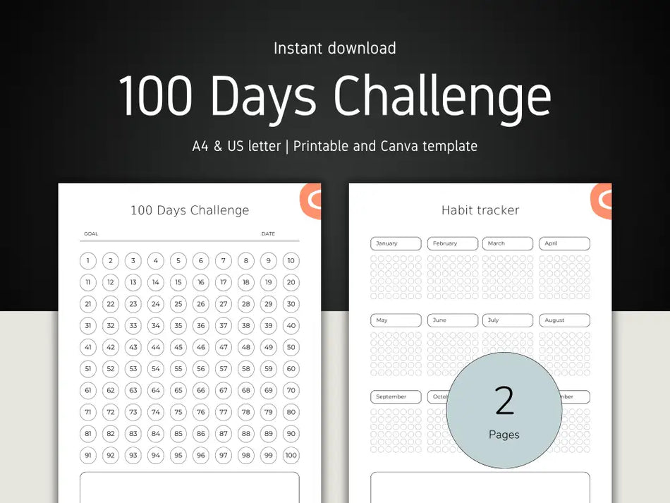 Promo graphic showing two pages of the minimalist habit tracker: a 100-day countdown sheet and a monthly habit log. Text reads 