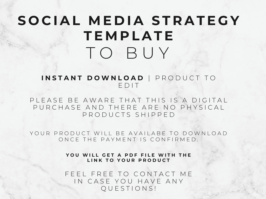 Text on a marble background describing a social media strategy template for purchase.