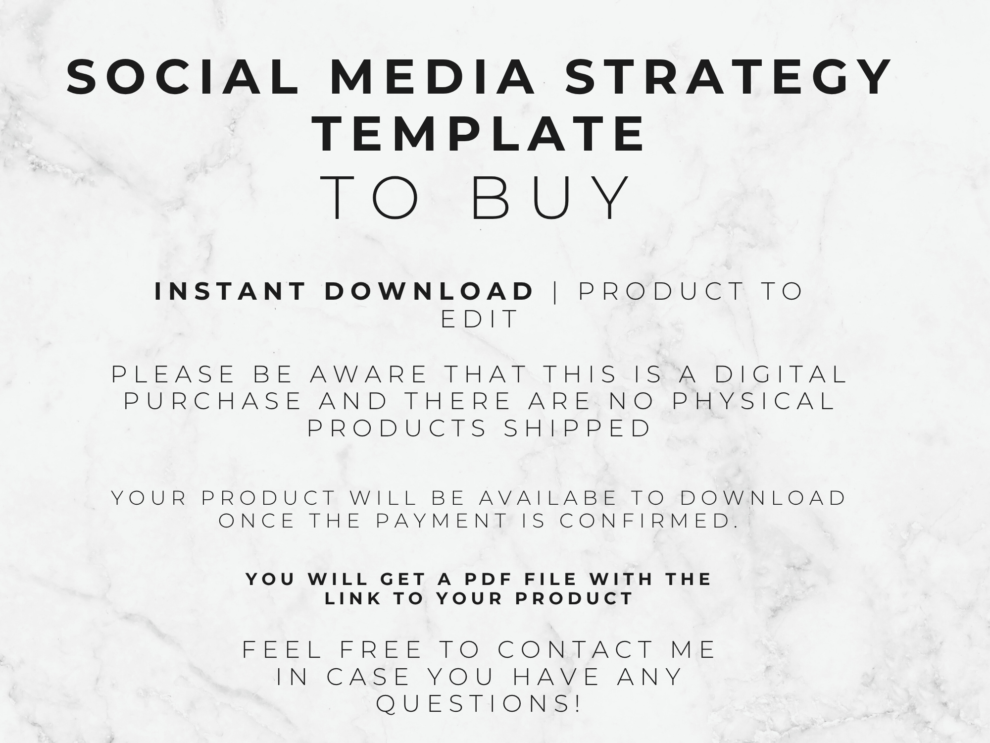 Text on a marble background describing a social media strategy template for purchase.
