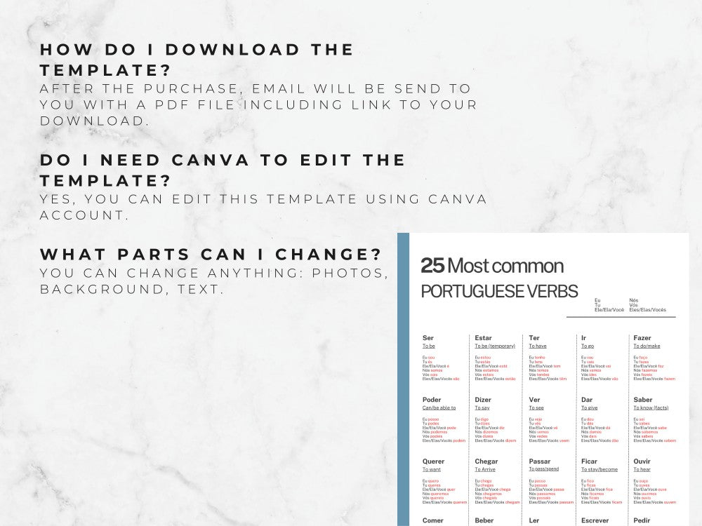 Informational text about downloading and editing a Canva template for Portuguese verbs on a marble background.