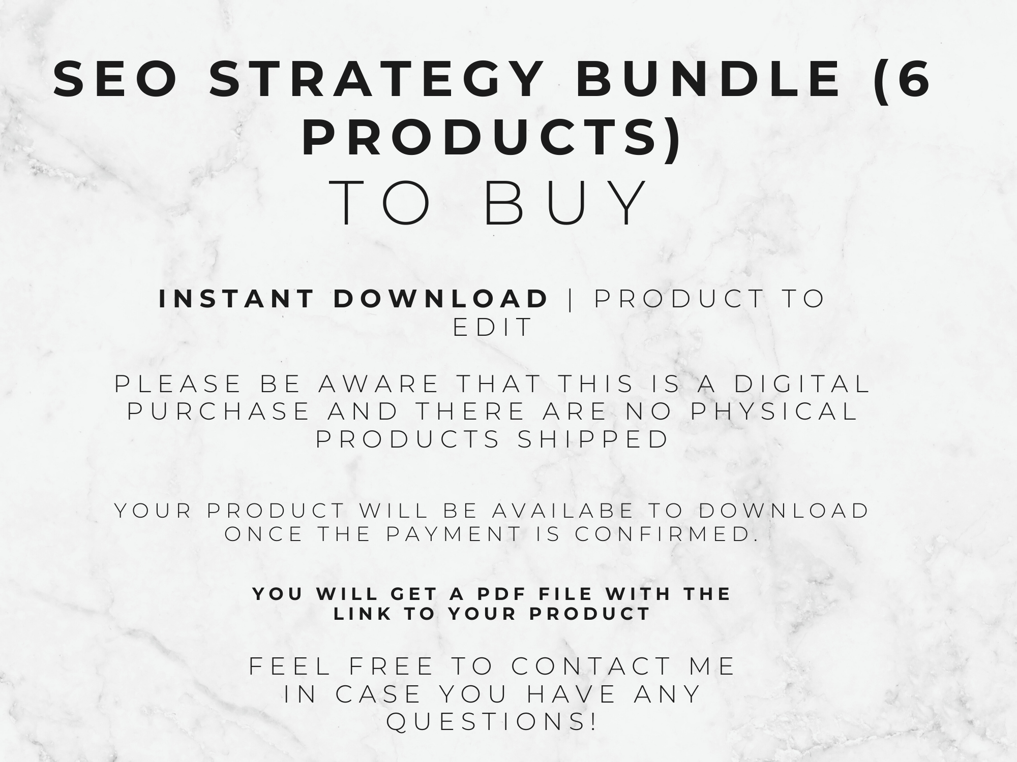 Text on a marble background about an SEO strategy bundle with product details.