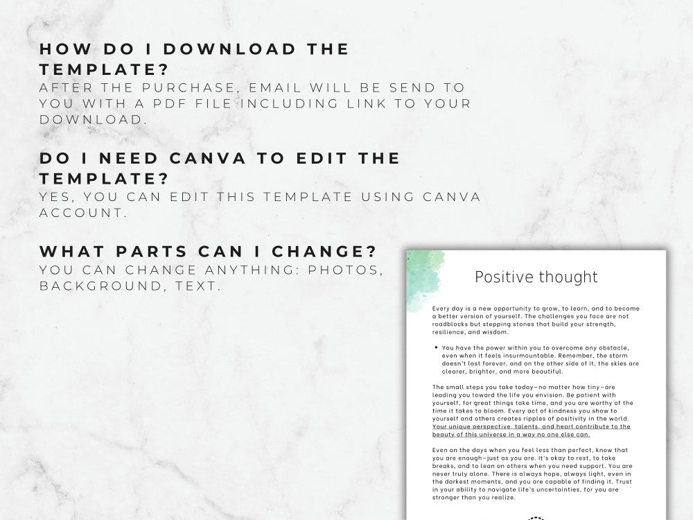 Instructions on downloading and editing a Canva template with text and a small preview of the design.