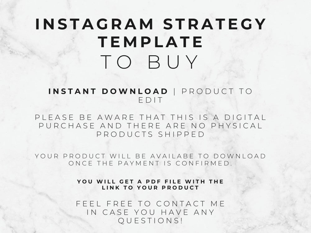 Text on a marble background about an Instagram strategy template for purchase.