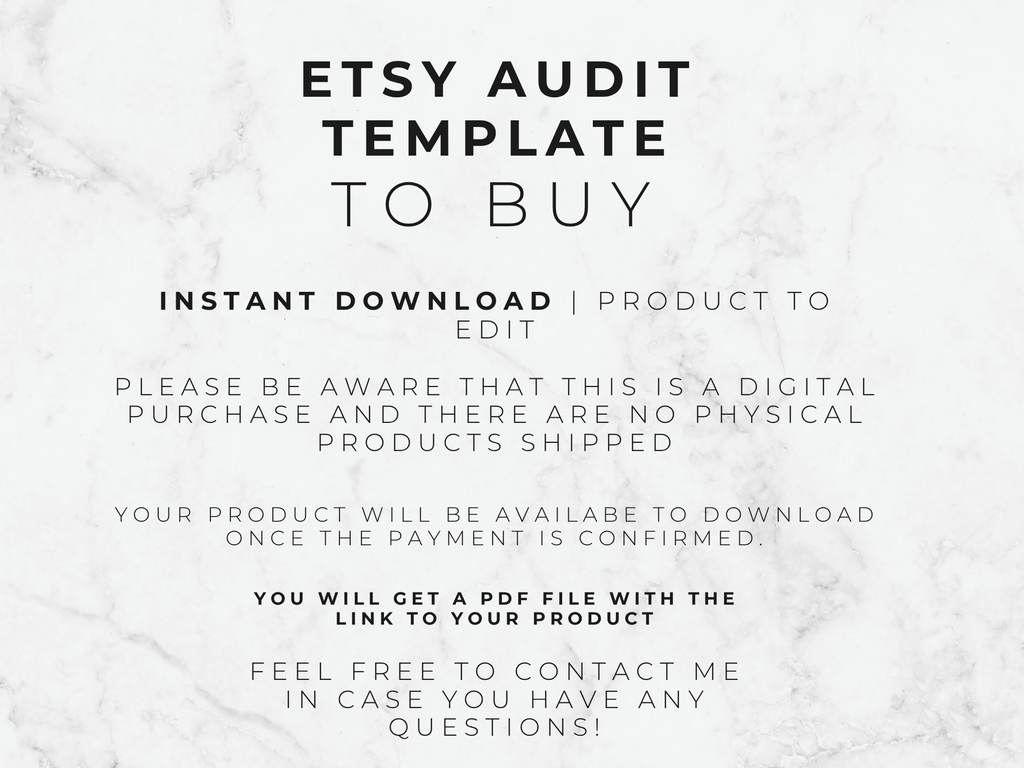 Text on a marble background describing an Etsy audit template for digital download.