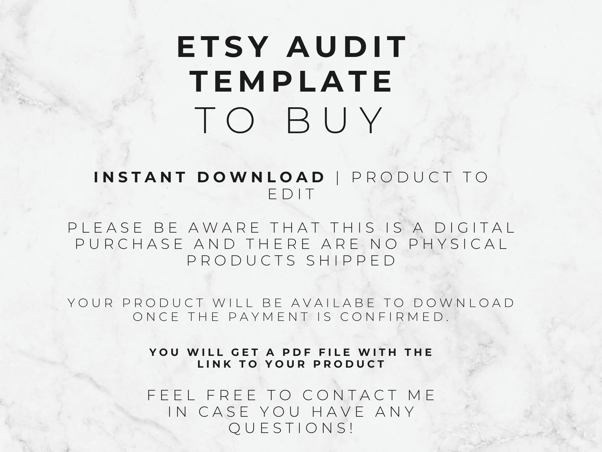 Text on a marble background describing an Etsy audit template for digital download.