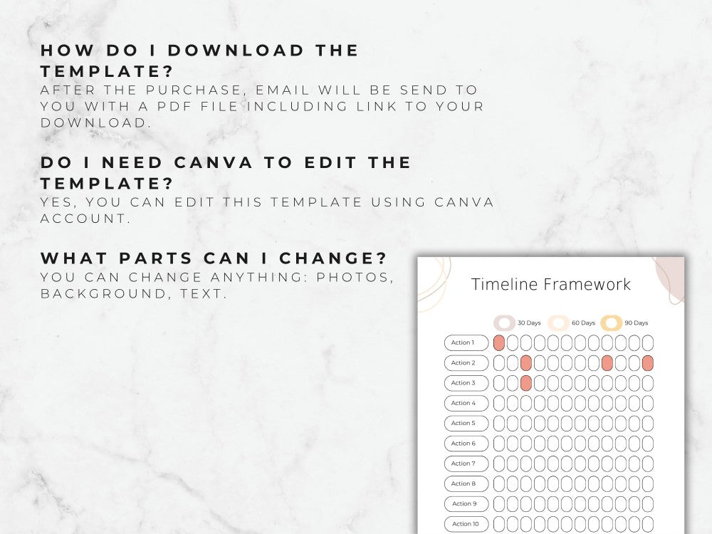 Timeline framework template on a marble background with text instructions.