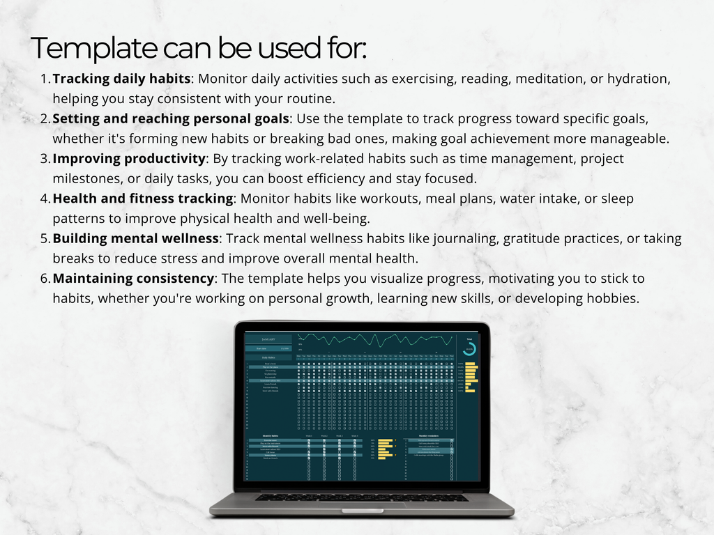 Laptop displaying a productivity template with text explaining its uses on a light gray background.