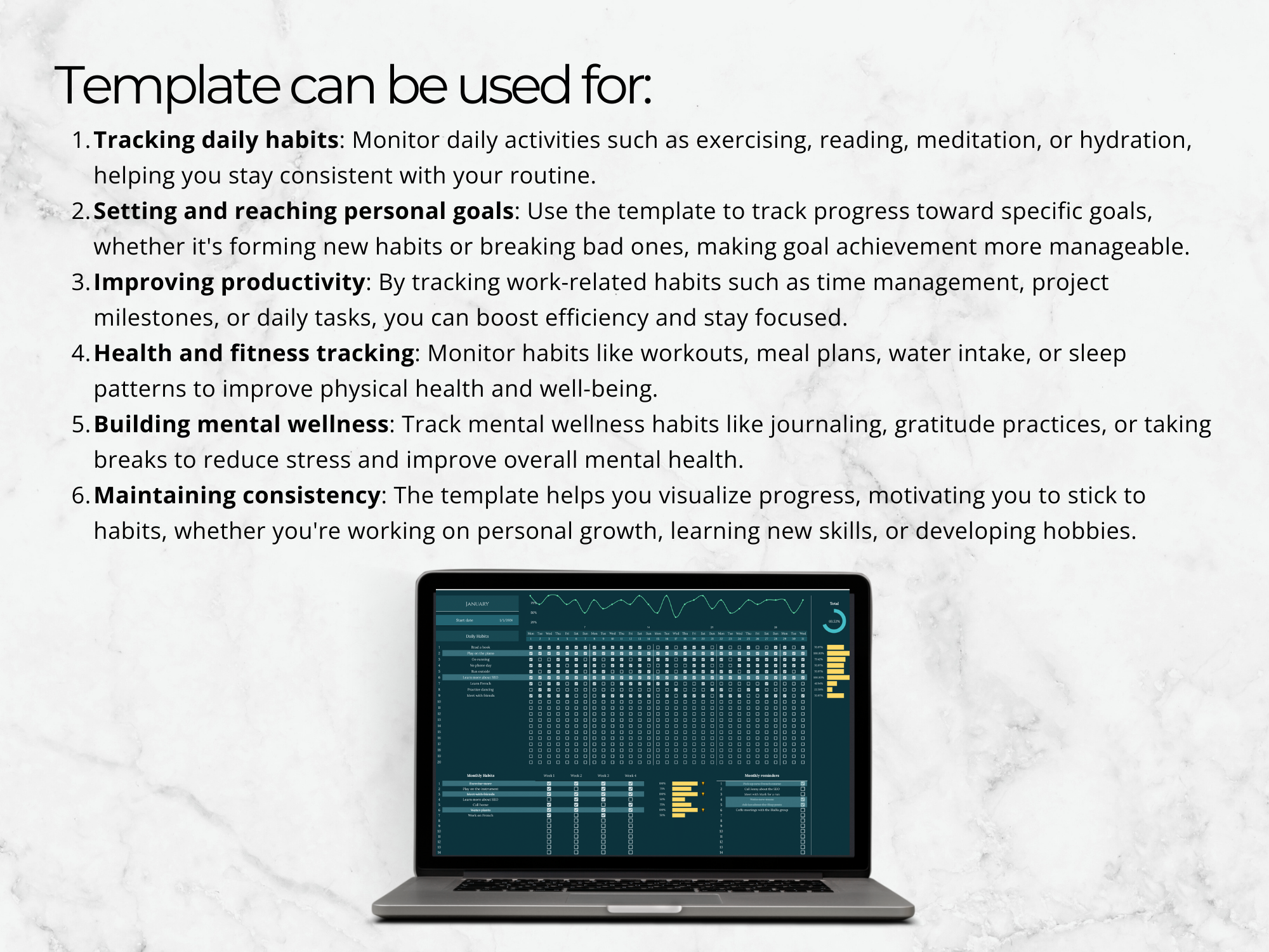 Laptop displaying a productivity template with text explaining its uses on a light gray background.