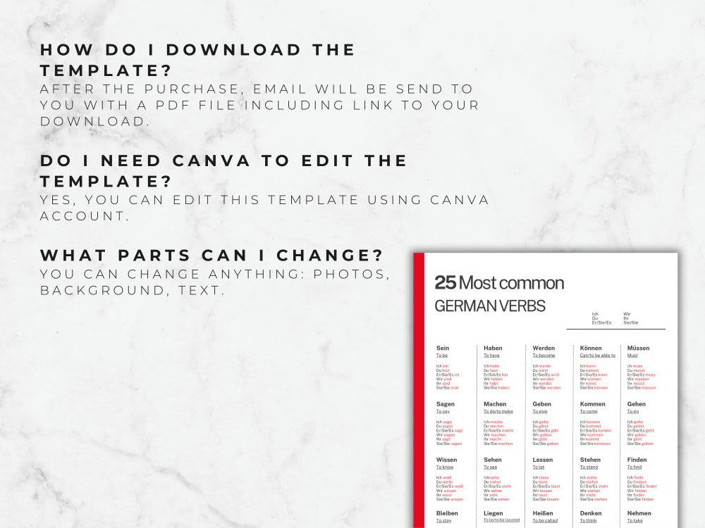 Sheet of paper with German verb chart on a marble background