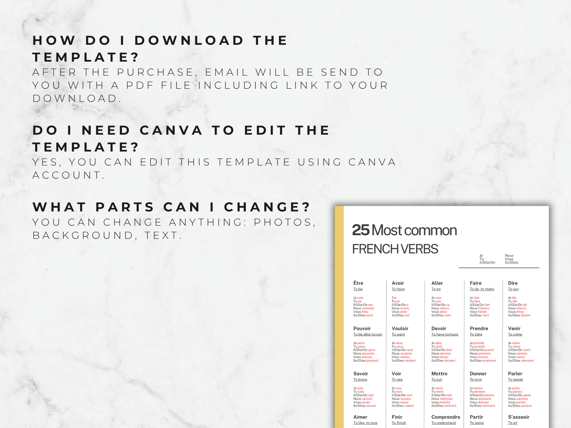 Sheet of paper with '25 Most common FRENCH VERBS' on a marble background