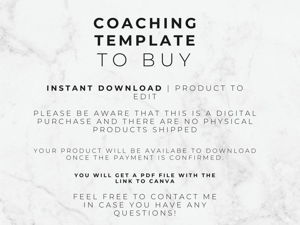 Text on a marble background about a coaching template for purchase.