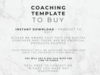 Text on a marble background about a coaching template for purchase.