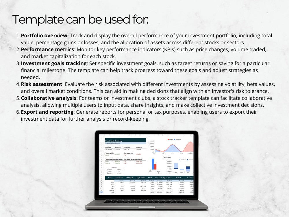 Laptop displaying a stock tracker template with text outlining its uses on a light gray background.