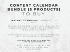 Text on a marble background about a content calendar bundle with 5 products for instant download.