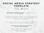 Text on a marble background describing a social media strategy template for purchase.