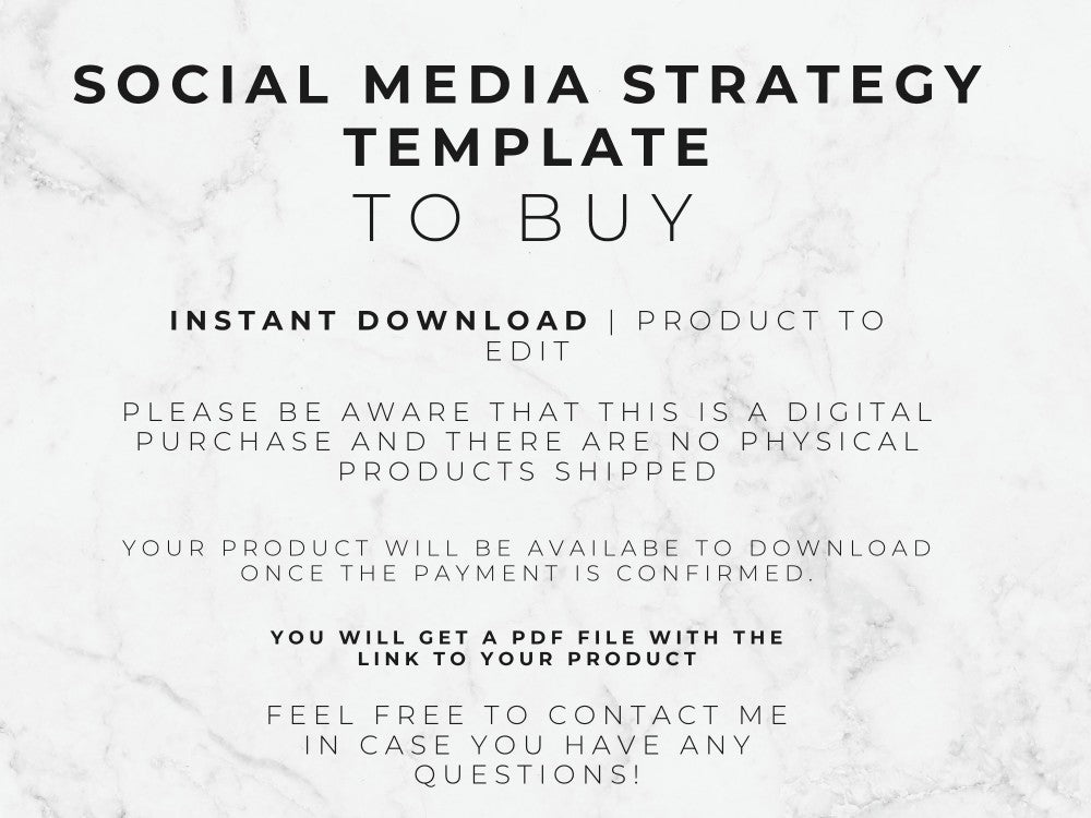 Text on a marble background describing a social media strategy template for purchase.