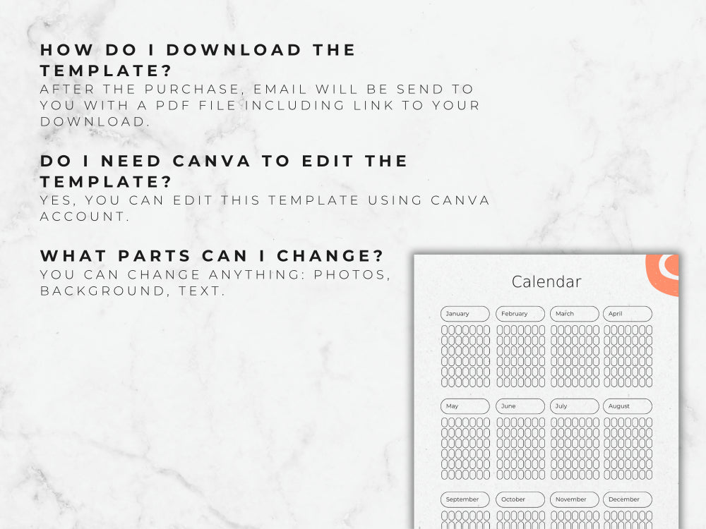 Calendar template with Canva logo on a marble background