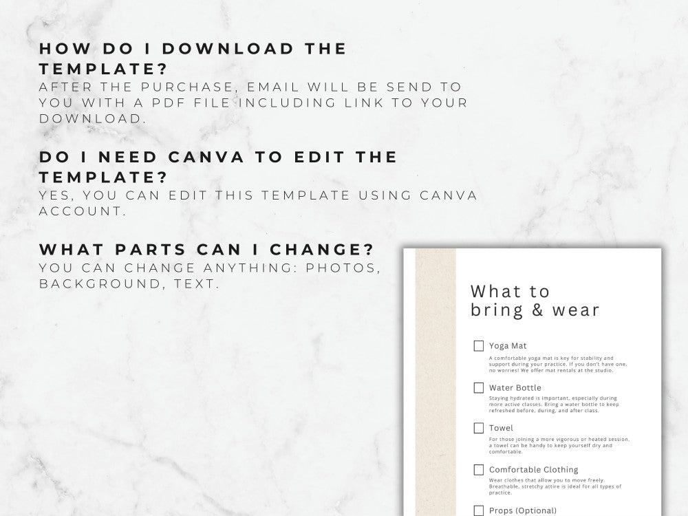 Instructions on how to download and edit a template with text and checkboxes on a marble background.