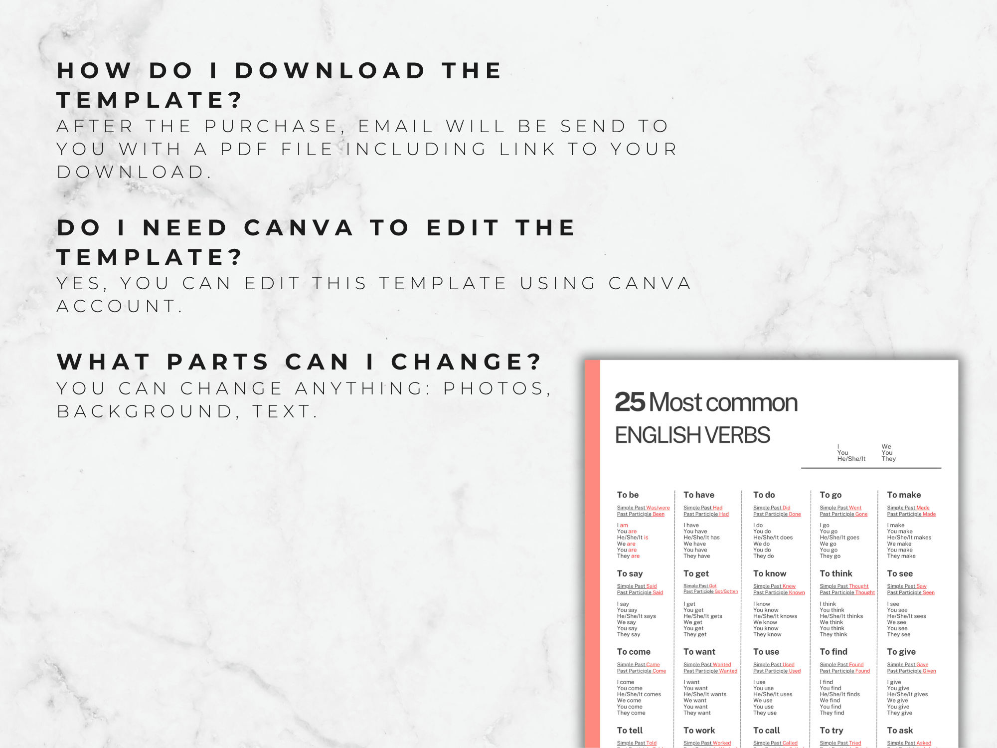 English Verb Conjugation Chart: ESL Grammar Worksheet (Printable PDF A4 Template Canva)