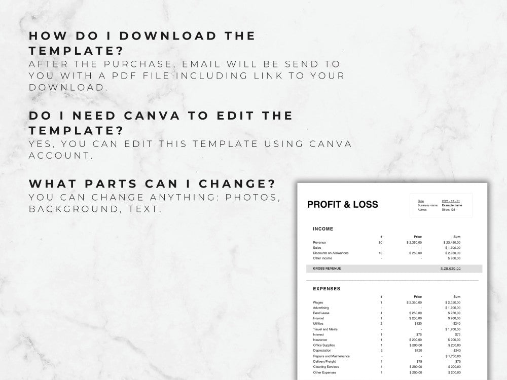 Profit and loss template with text instructions on a marble background