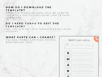Instructions on downloading and editing a Canva template with a smart goals setting interface.