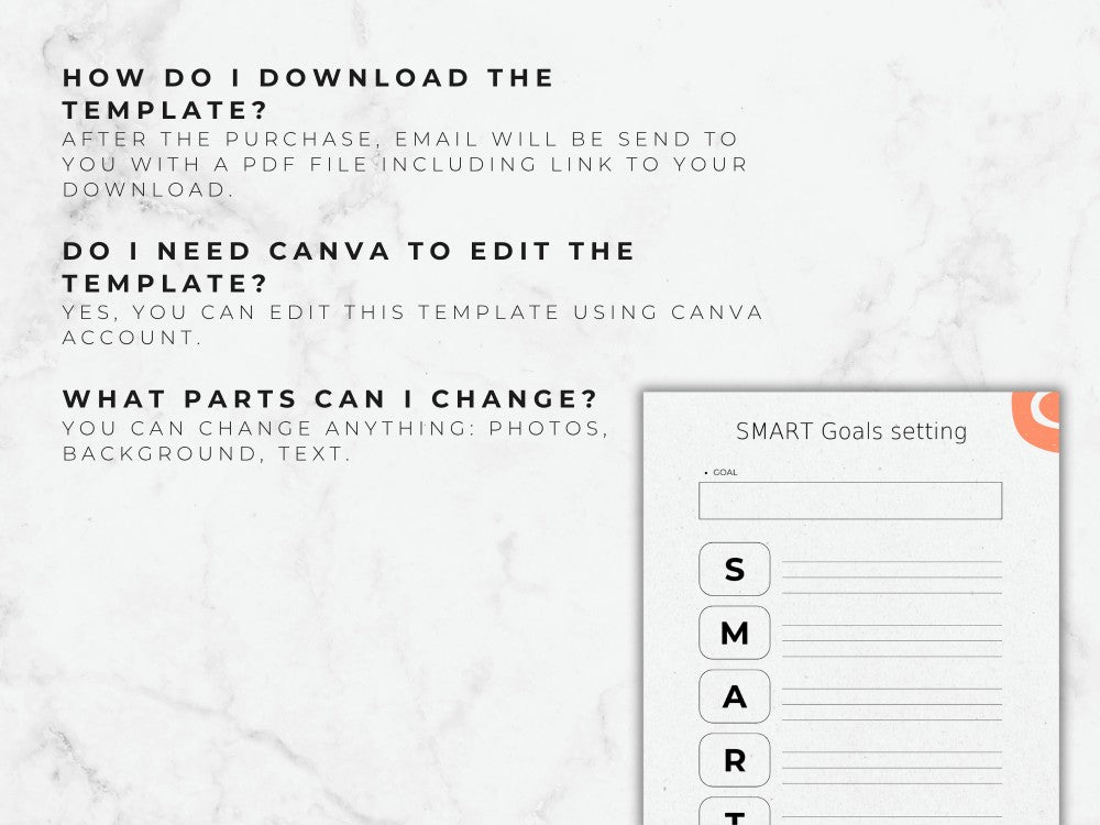 Instructions on downloading and editing a Canva template with a smart goals setting interface.