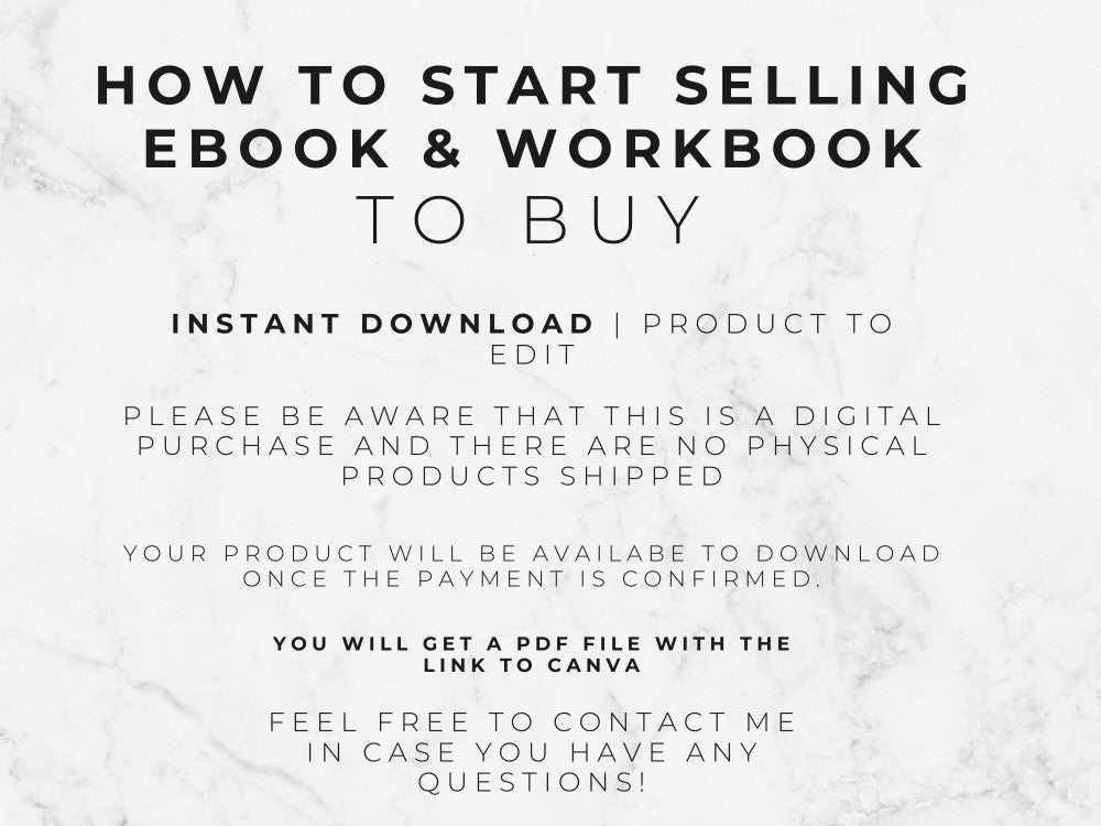 Text on a marble background about selling ebook and workbook products.