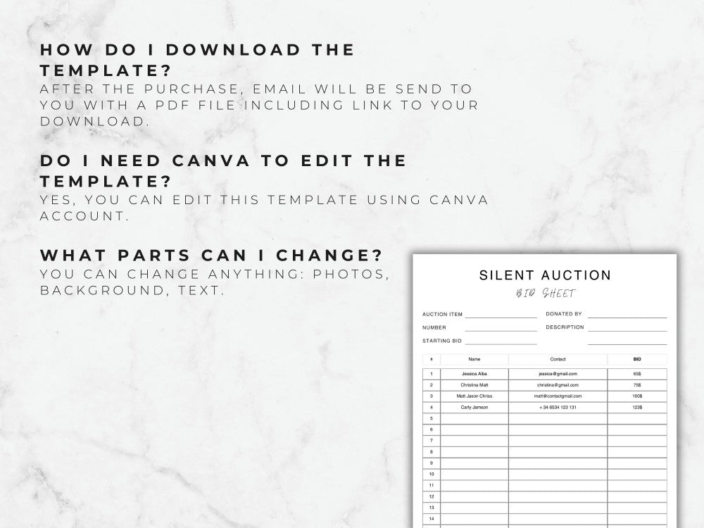 Silent auction bid sheet template on a marble background with text instructions.