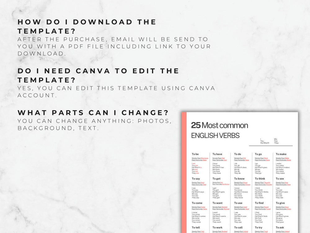 Sheet of paper with English verbs list on a marble background