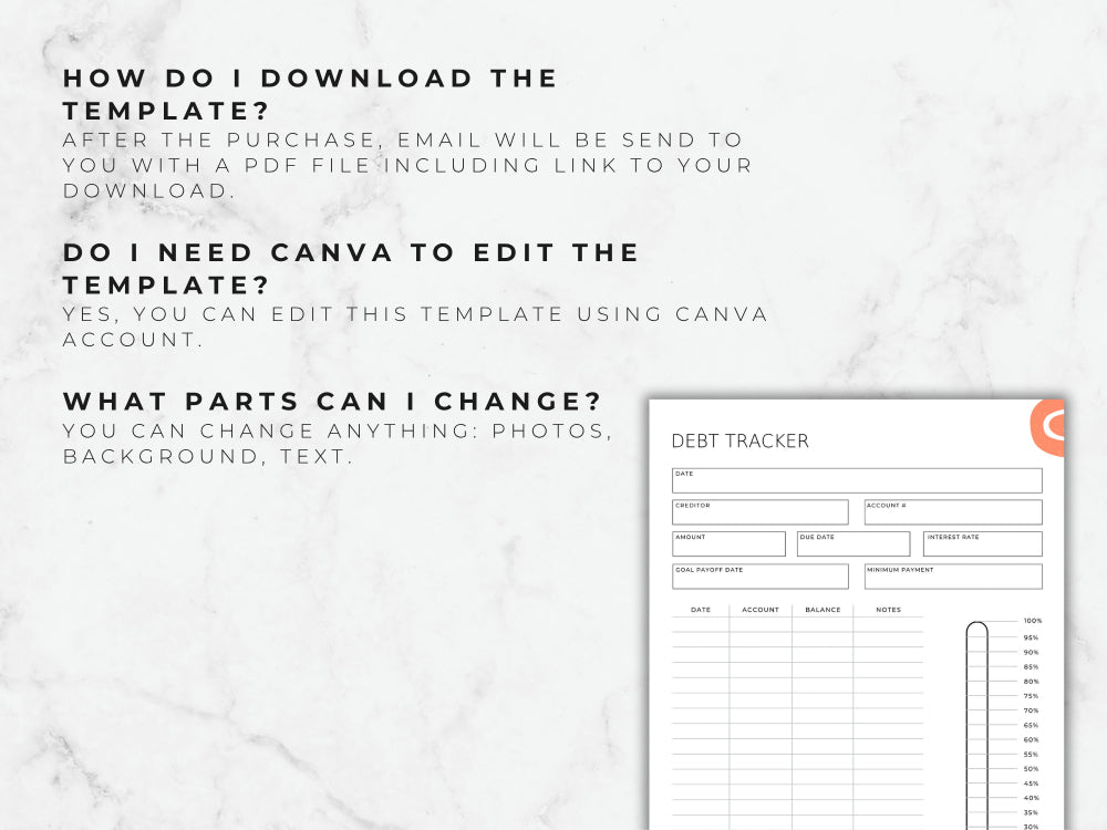 Debt tracker template with Canva logo on a marble background
