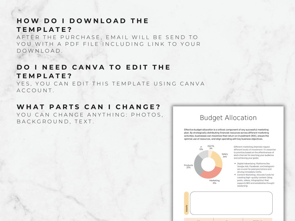Budget allocation template with Canva editing information on a marble background