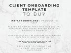 Text on a marble background describing a client onboarding template for digital purchase.