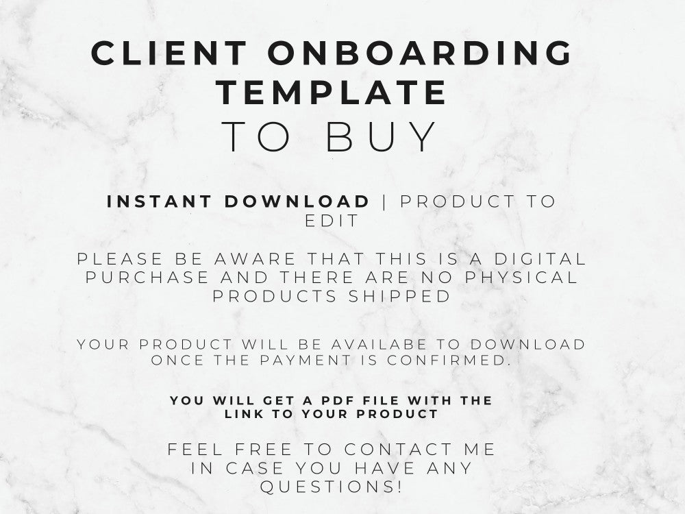 Text on a marble background describing a client onboarding template for digital purchase.