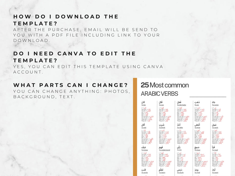 Tableaux de conjugaison des verbes arabes | Canva & PDF