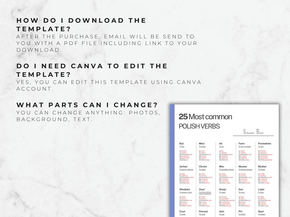 Informational text about downloading and editing a template with a sample document on a marble background.