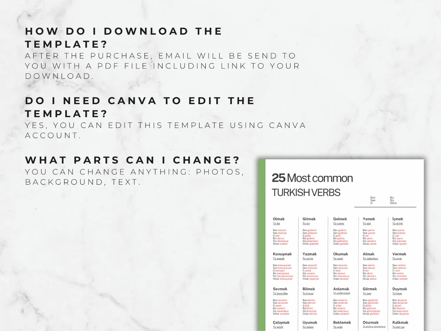 Turkish Verbs Cheat Sheet | Canva & Printable PDF