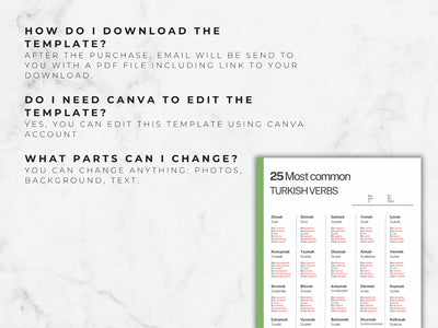 Fiche d'aide sur les verbes turcs | Canva et PDF imprimable