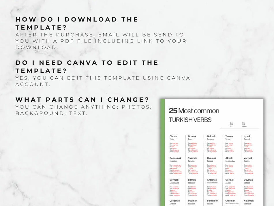 Fiche d'aide sur les verbes turcs | Canva et PDF imprimable