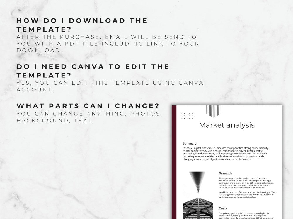 Instructions on downloading and editing a Canva template for market analysis with text and a document layout.
