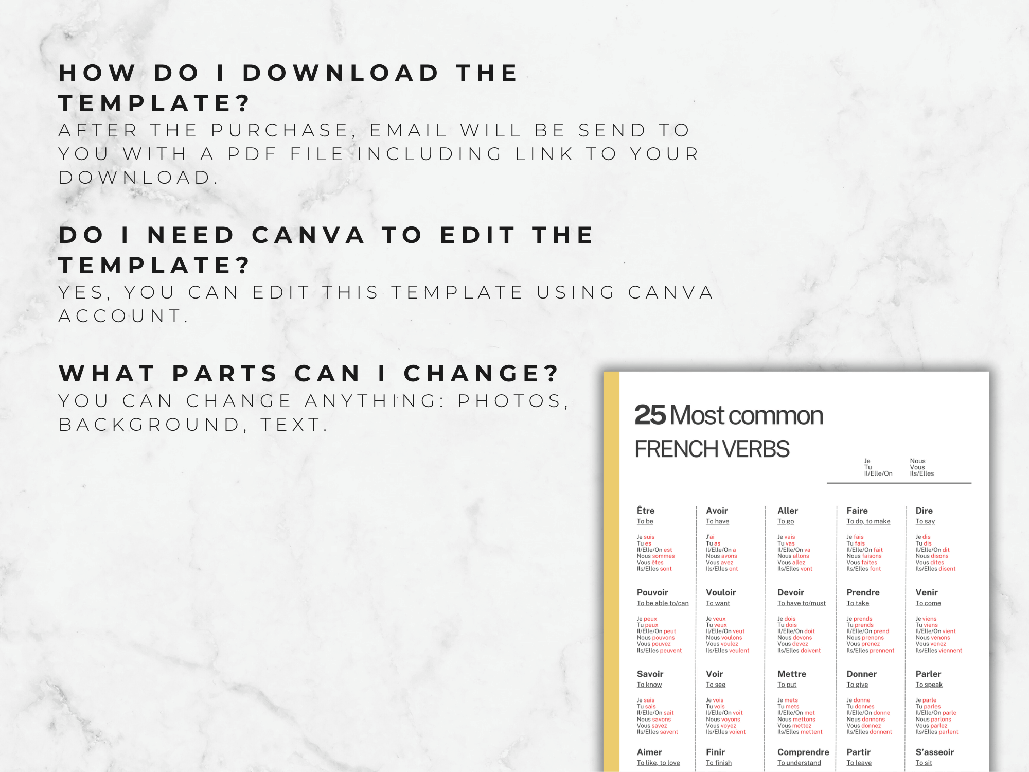 Sheet of paper with '25 Most common FRENCH VERBS' on a marble background