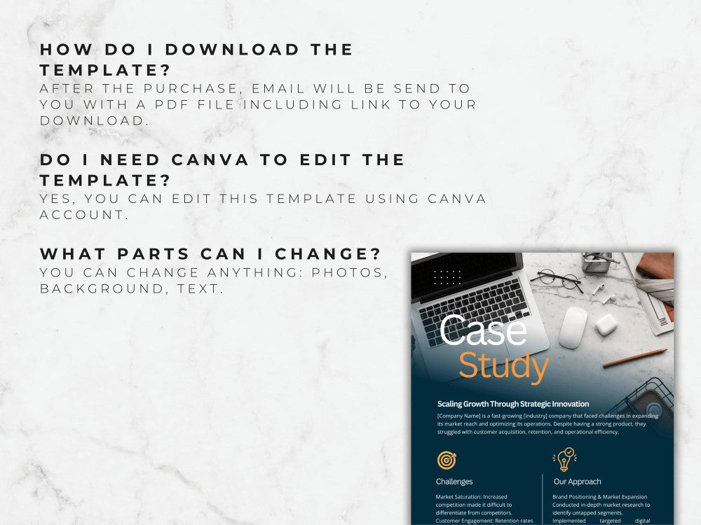 Promotional graphic for a case study template with text and a preview of the template on a marble background.